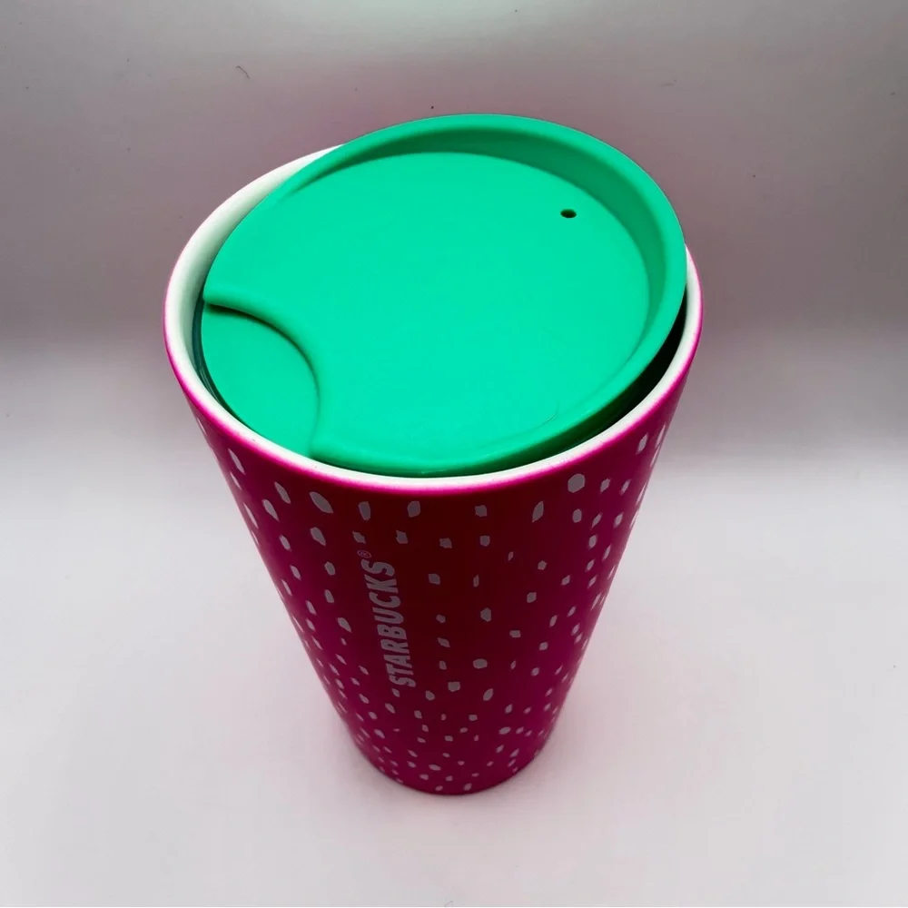 New Starbucks 2022 Summer Dots Strawberry Neon Pink Ceramic Travel Tumbler